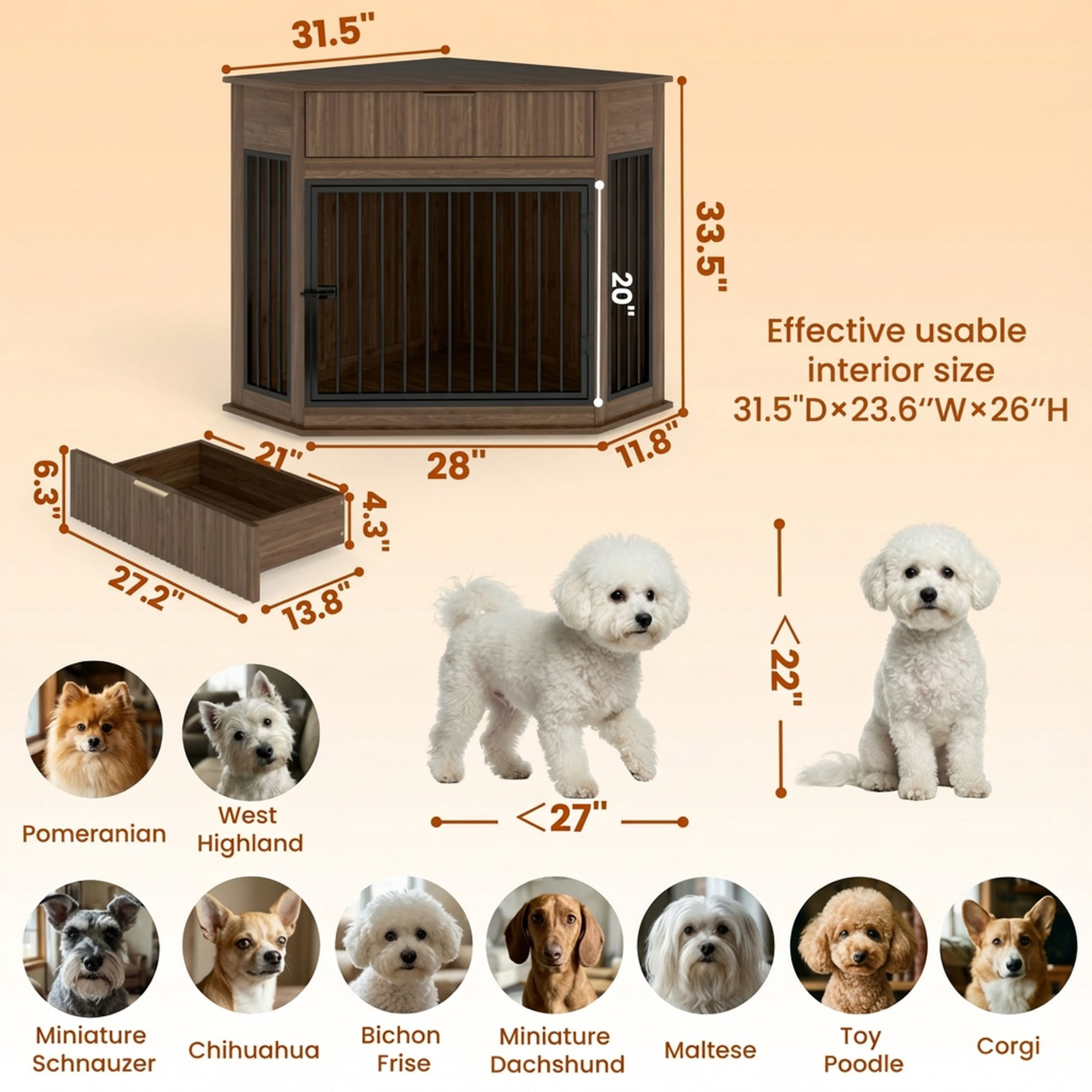 Noble House 44.6" Corner Wooden Dog Crate Furniture with Fluted Storage Drawer, Modern Cabinet for Home Décor, Walnut