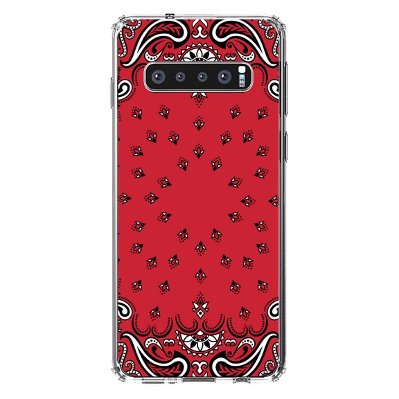 DistinctInk Clear Shockproof Hybrid Case for Samsung Galaxy S10  PLUS(6.4" Screen) - TPU Bumper, Acrylic Back, Tempered Glass Screen Protector - Bandana Print - Red, Black, White