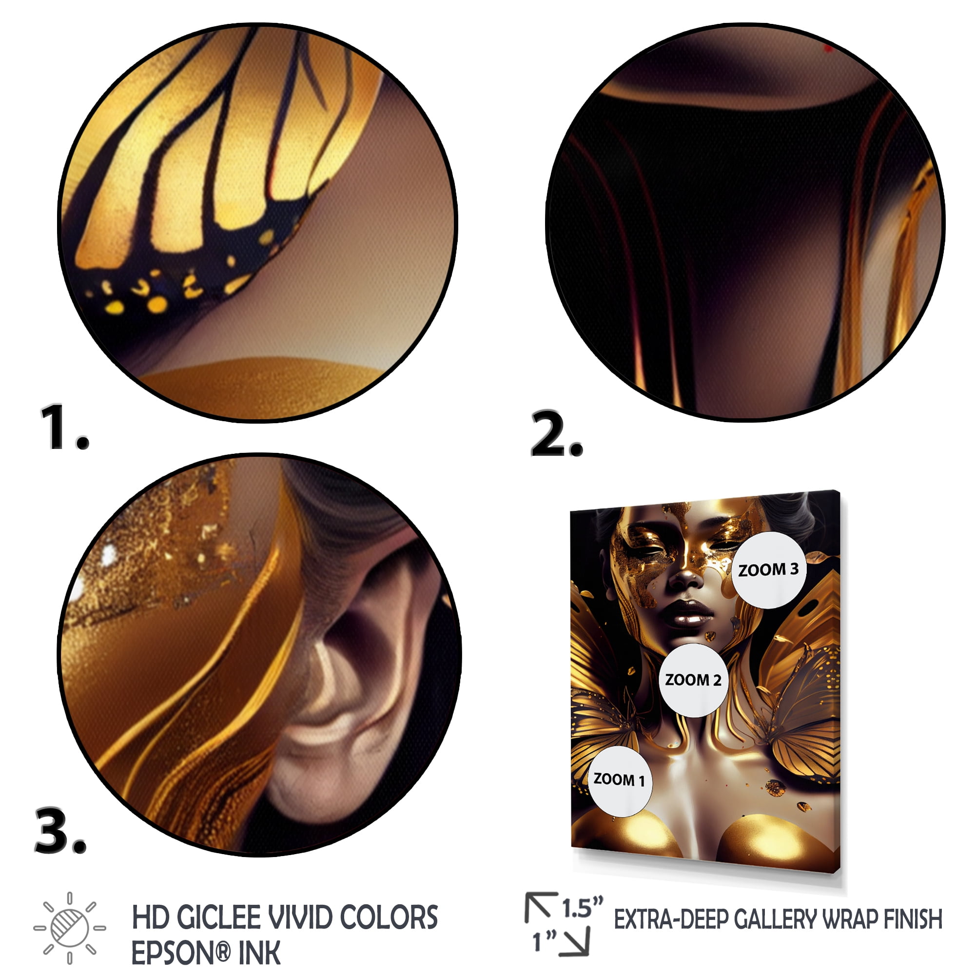 Designart Woman With Black And Gold Butterflies III Canvas Wall Art