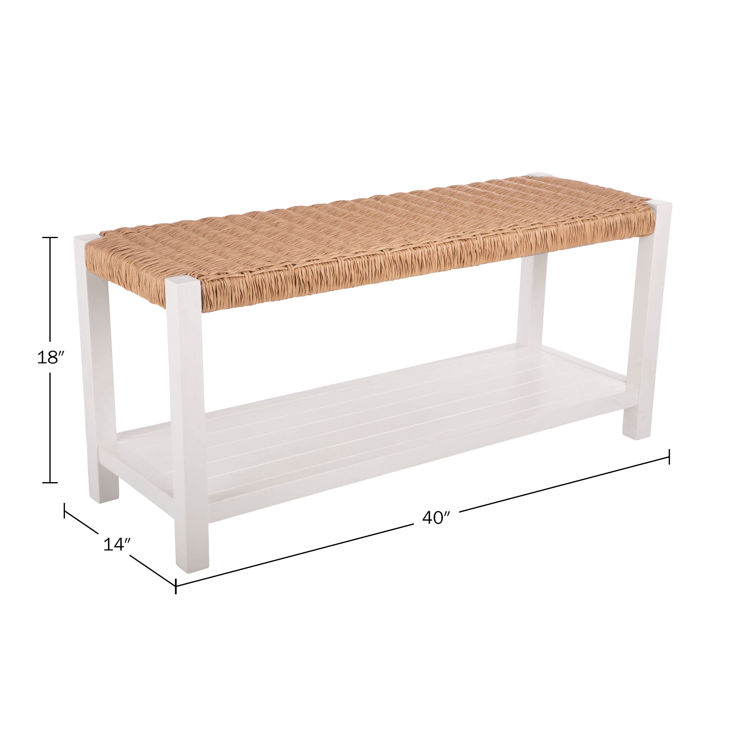 Alaterre Newport 40in Wood Bench with Rush Seat and Storage Shelf, White