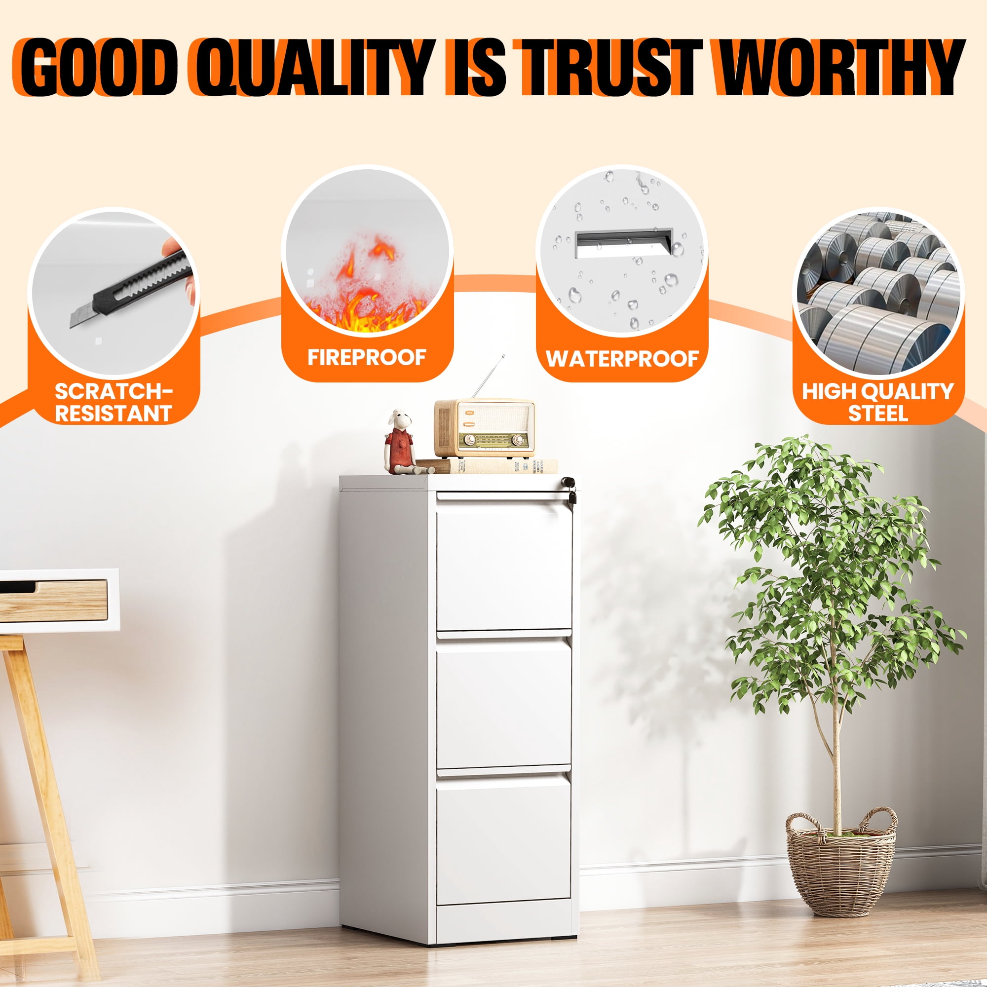 BIZOEIRON 3 Drawer Metal File Cabinet with Lock, Vertical Filing Cabinet for Hanging Legal/Letter Size Files, White