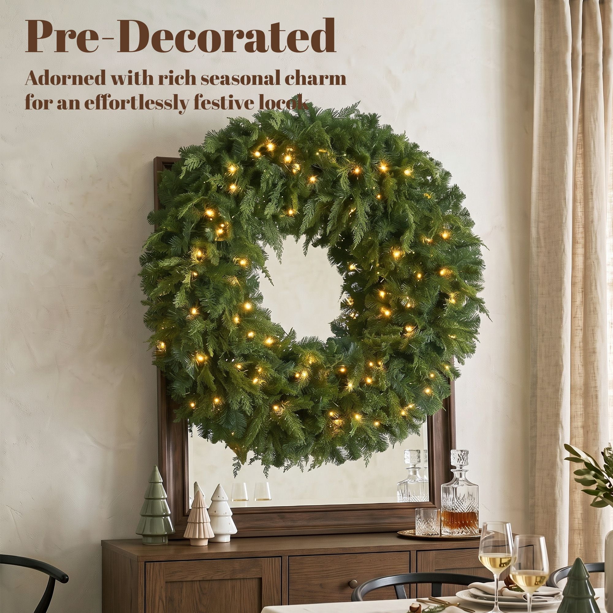 Pre-Lit Artificial Christmas Wreath, 36-Inch Cedar-Style Greenery with 100 Warm White LED Lights, 8 Lighting Modes, 360 Tips, Indoor and Covered Outdoor Holiday Decor for Front Door, Porch, or Mantel