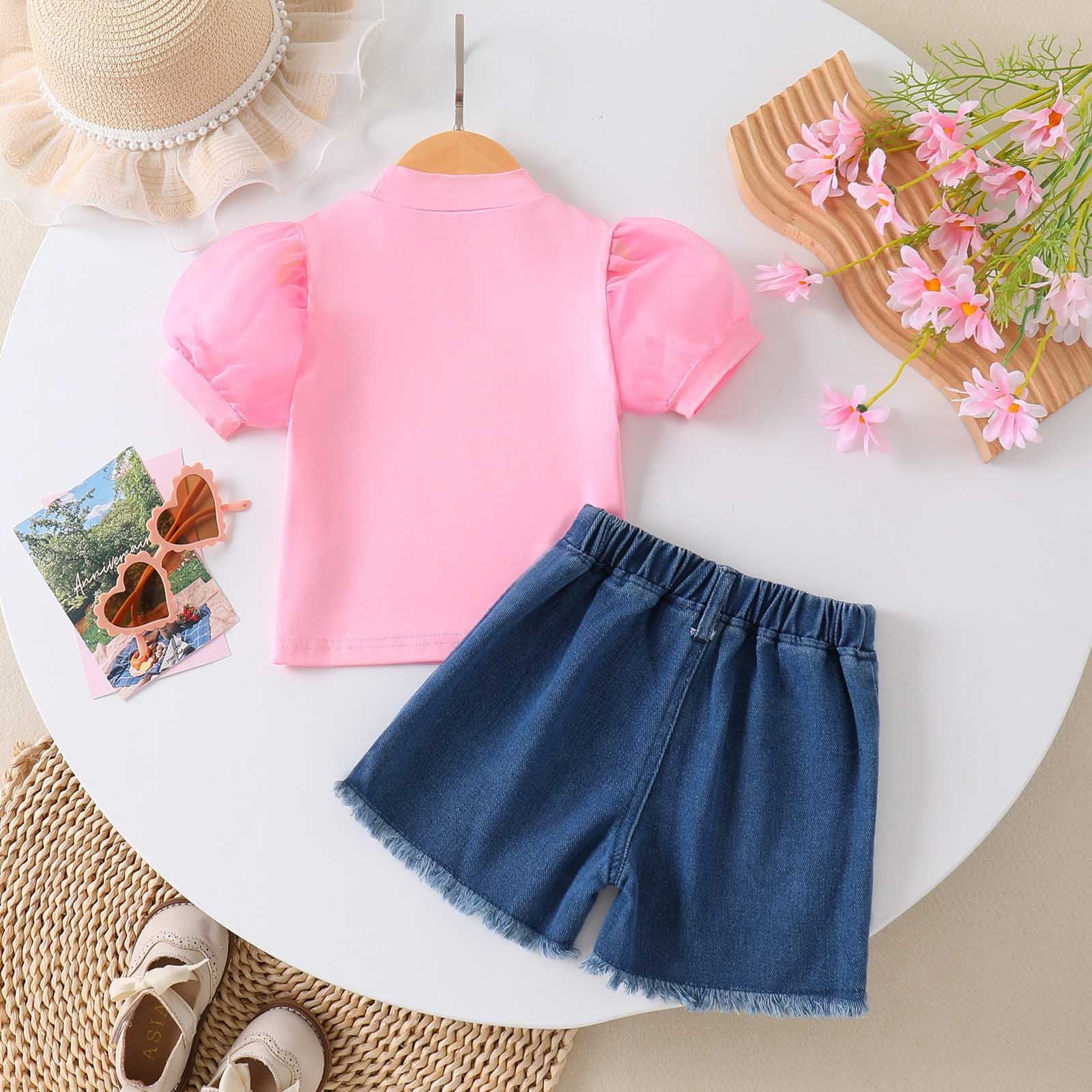 mgoYE Toddler Baby Girl Clothes Summer Floral Print Short Sleeve Tee Shirt Jeans Shorts Cute Outfit Girls Clothing Set Size 2-3 Years Pink