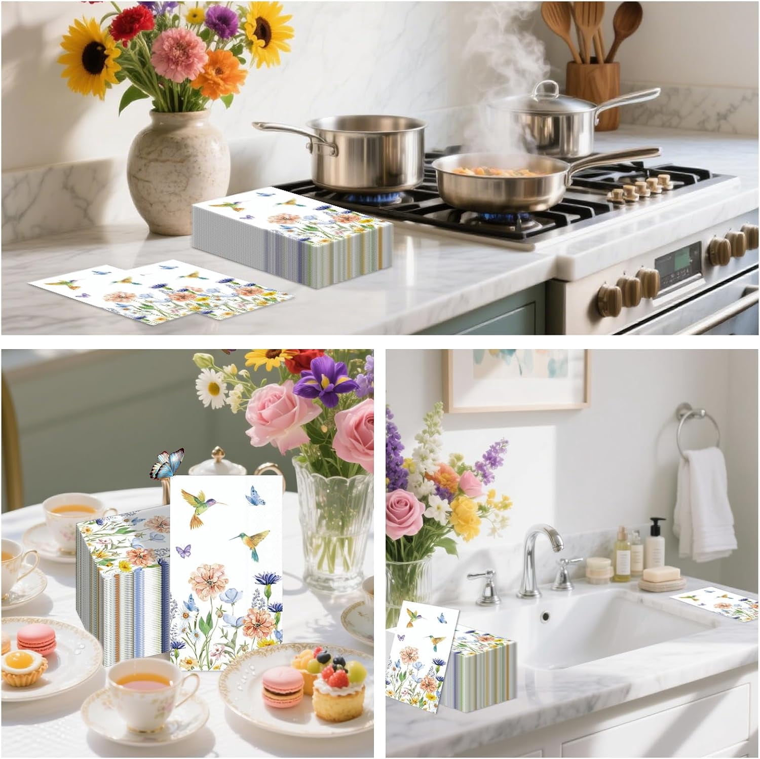 100PCS Floral Paper Napkins 3 Ply Disposable Hand Towels,Wildflower Hummingbird Paper Guest Napkins Dinner Napkins for Wedding Bridal Baby Shower Birthday Tea Party Home Table Decor
