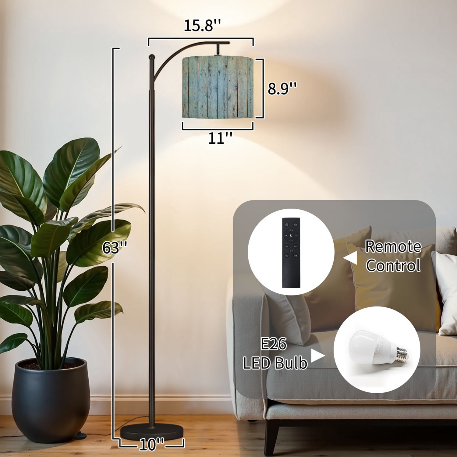 Arc Floor Lamp with Adjustable Lampshade Light old boards Wooden light wood Advertising Standing Lamp 3 Color Temperatures Dimmable Tall Pole Lamp with Foot Switch for Bedroom