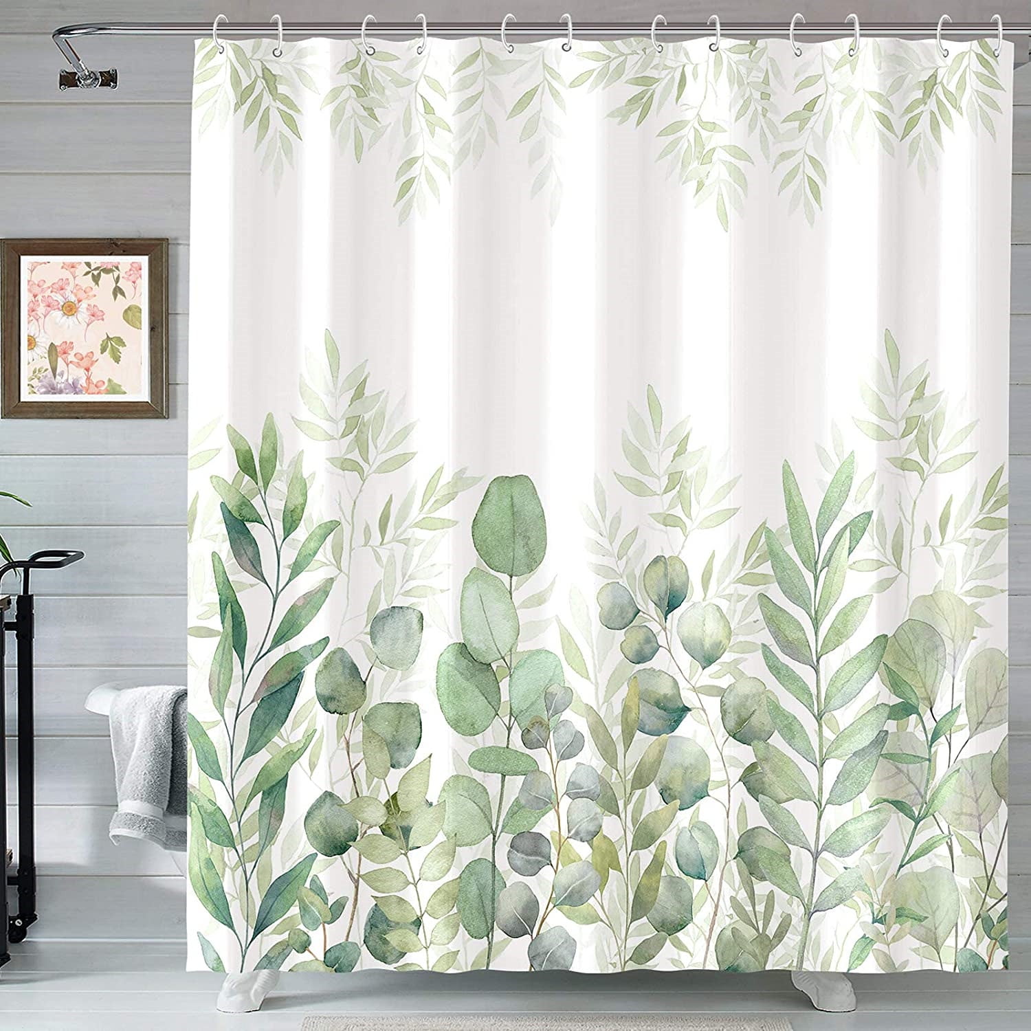 Sage Green Eucalyptus Shower Curtain and Bath Rug Set 4 Pcs Fabric Floral Bathroom Curtain Set Decor 72x72 inches