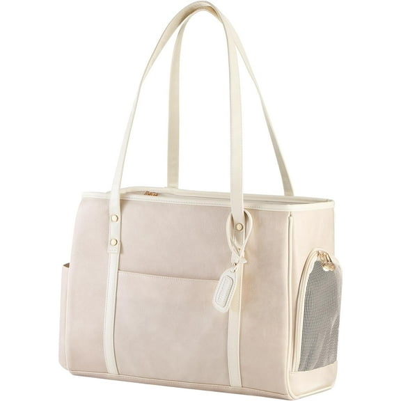 Fashion Dog Carrier Purse, Premium Leather Cat Carrier Bag, Airline Approved Soft Sided Pet Travel Tote Bag with Pockets Beige