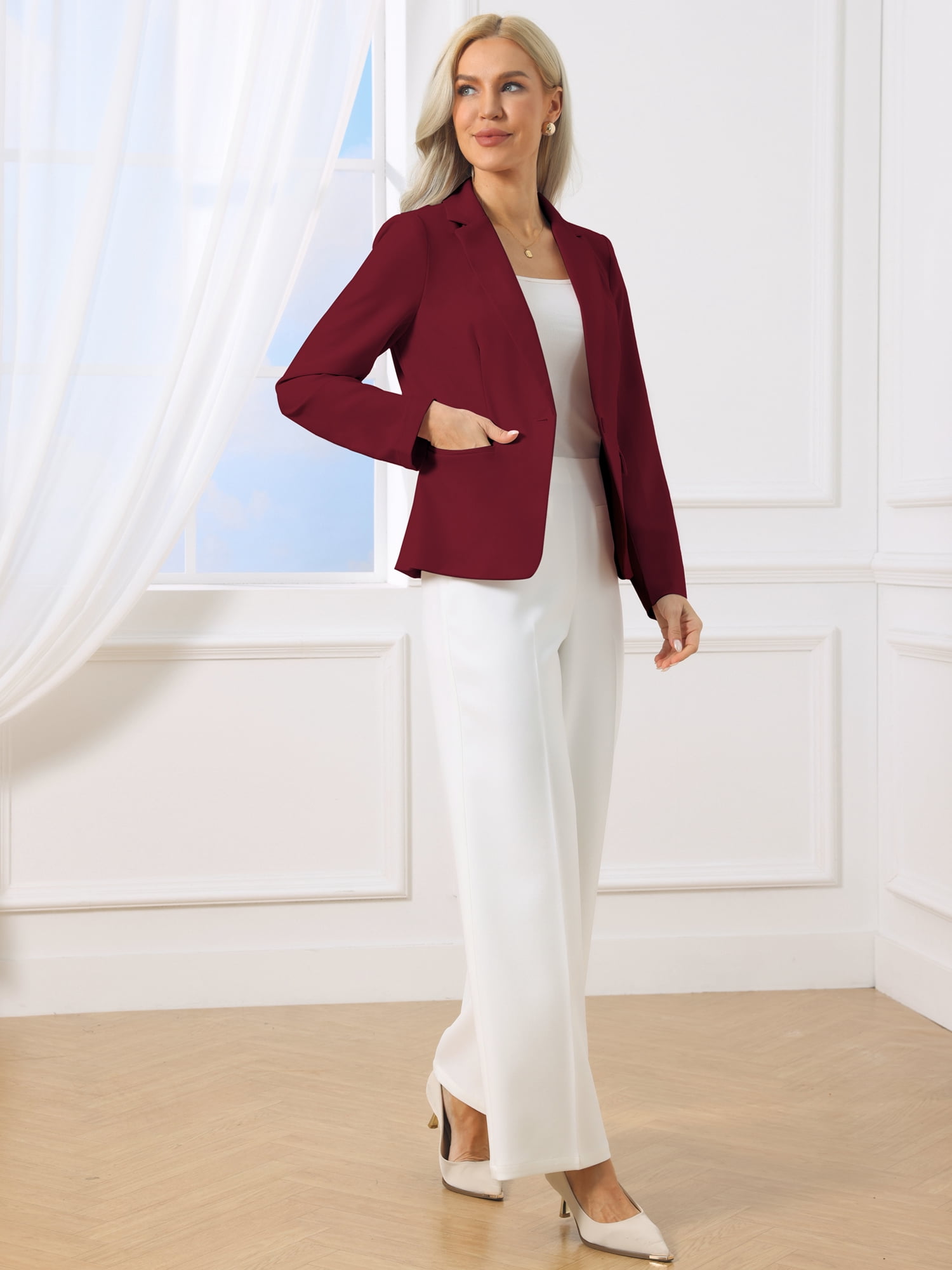 DARING DIVA Women's Lapel Collar Long Sleeve Suit Blazer Jacket S Dark Red