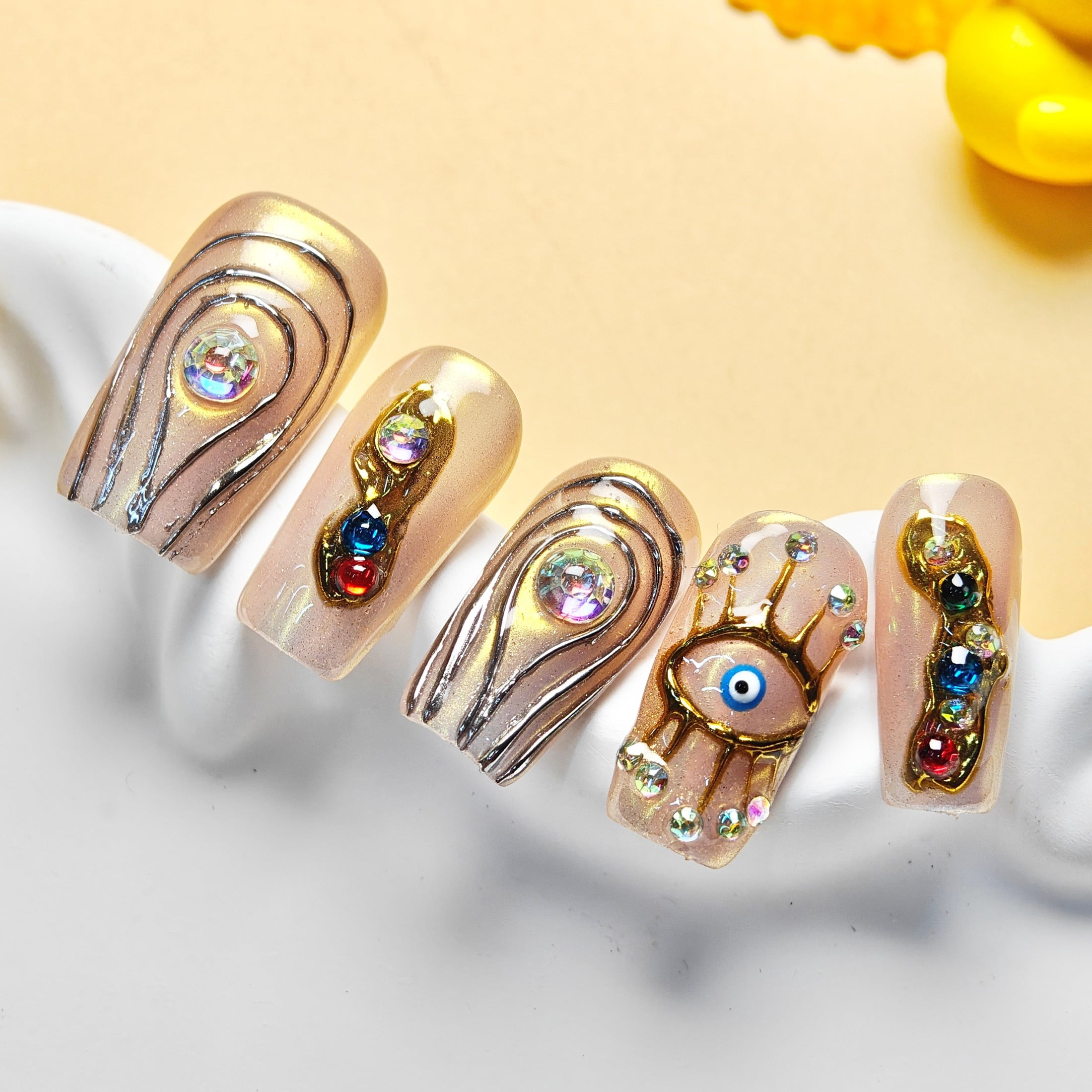 10pcs Stiletto Medium Handmade Y2K Nails - Pink & Nude Base, Hand Drawn Gold Eye & Line Patterns, 3D Rhinestone & Colorful Gems, Summer & Party Nails for Women