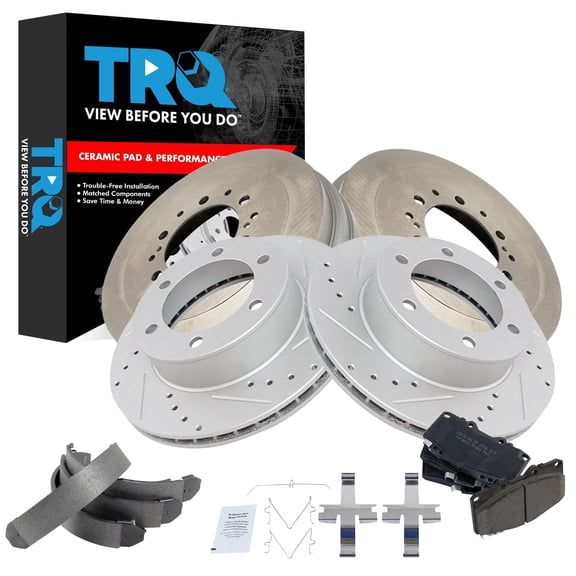 TRQ Front & Rear Brake Pad & Rotor,Shoe & Drum Kit Premium G-Coated Slotted X Drilled Ceramic Performance Fits 2002 Toyota 4Runner