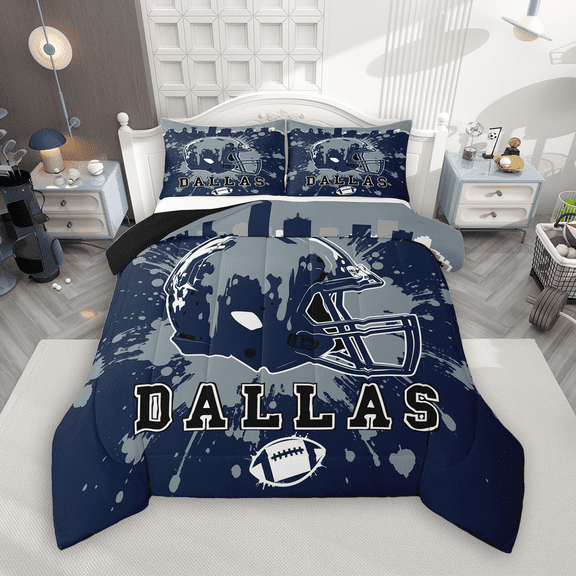 Manfei American Football Bedding Comforter Set 2pcs for Kids Teens, Rugby Helmet Twin Comforter Sets, Navy Gray Graffiti Splash Bedding Set, Super Cozy Room Decor