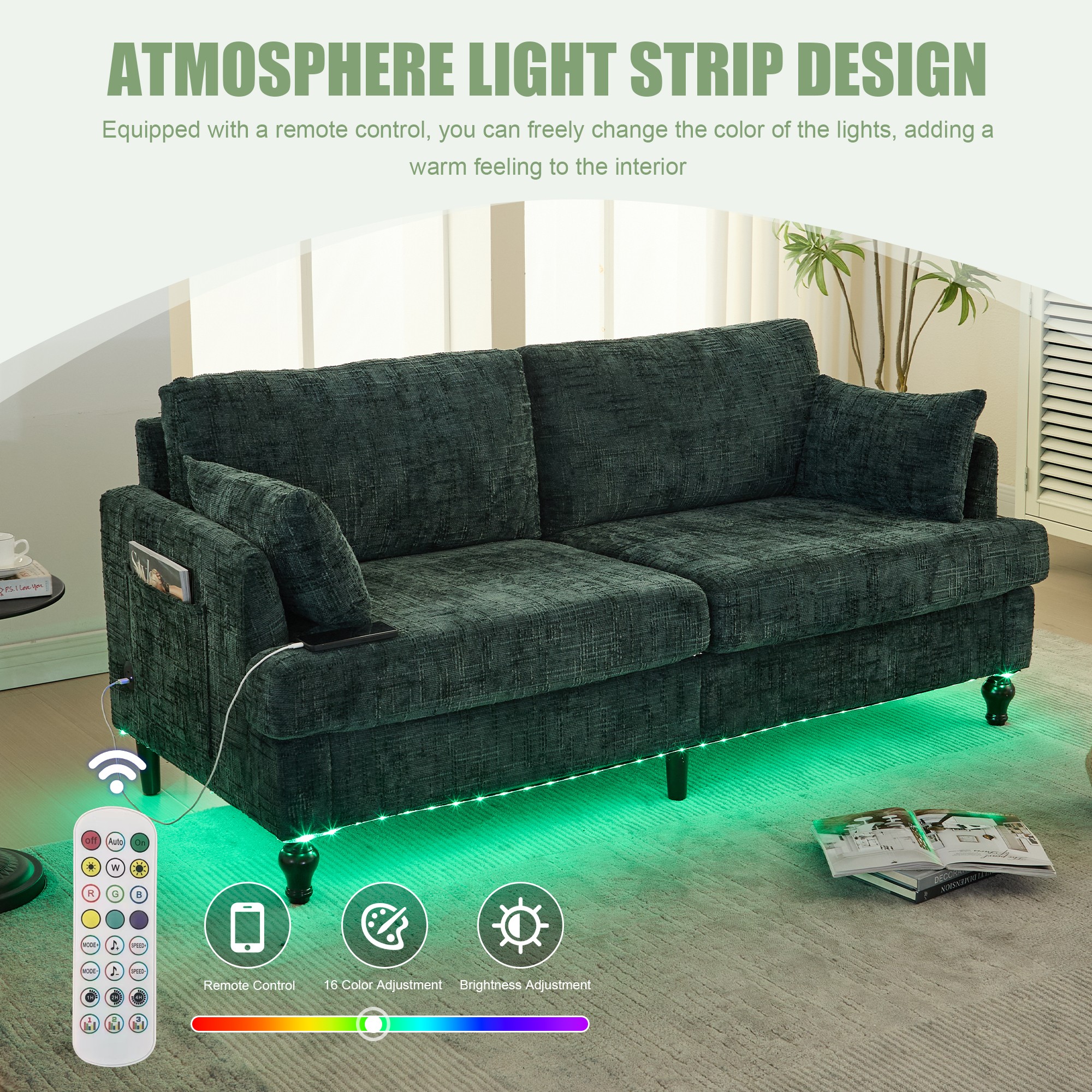 68.9" Sofa Couch,Modern 2 Seater Upholstered Loveseat Sofa Couch with LED light&USB for Living Room,Bedroom,Emerald