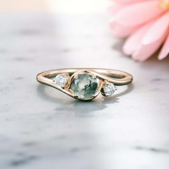 SHREENATHJEWELRY 6MM / 1CT Round Shape Moss Agate Engagement Ring CZ Diamond Proposal Ring Rose Gold Plated Prong Set Ring Gift For Her