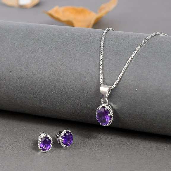 Femme Jam 925 Sterling Silver Oval Cut Natural Amethyst Gemstone Jewelry Set for Women