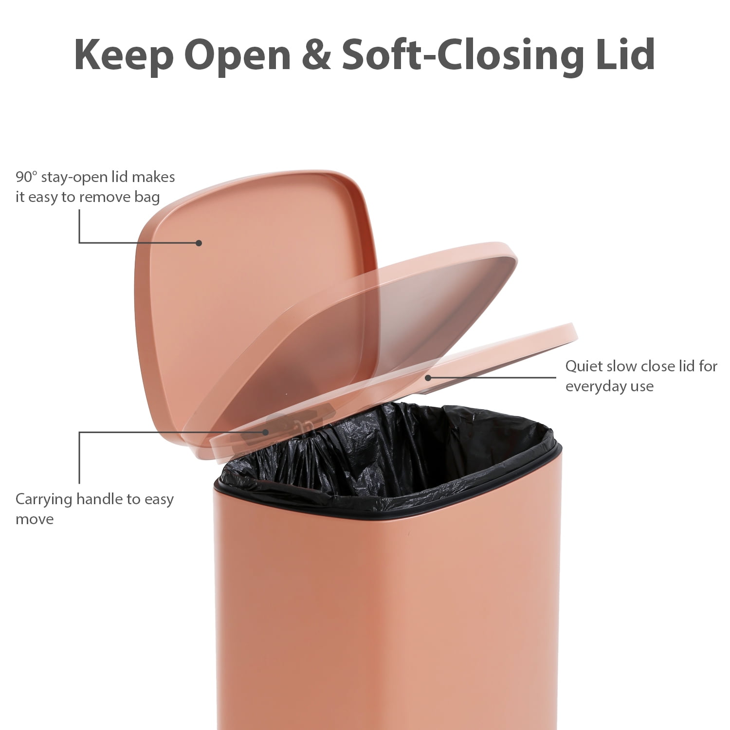 CL.HPAHKL 13 Gallon Step-on Trash Can with Soft-Close Lid, Stainless Steel Kitchen Garbage Can with Foot Pedal and Removable Inner Bucket, Fingerprint-Proof Trash bins for Home Office, Pink