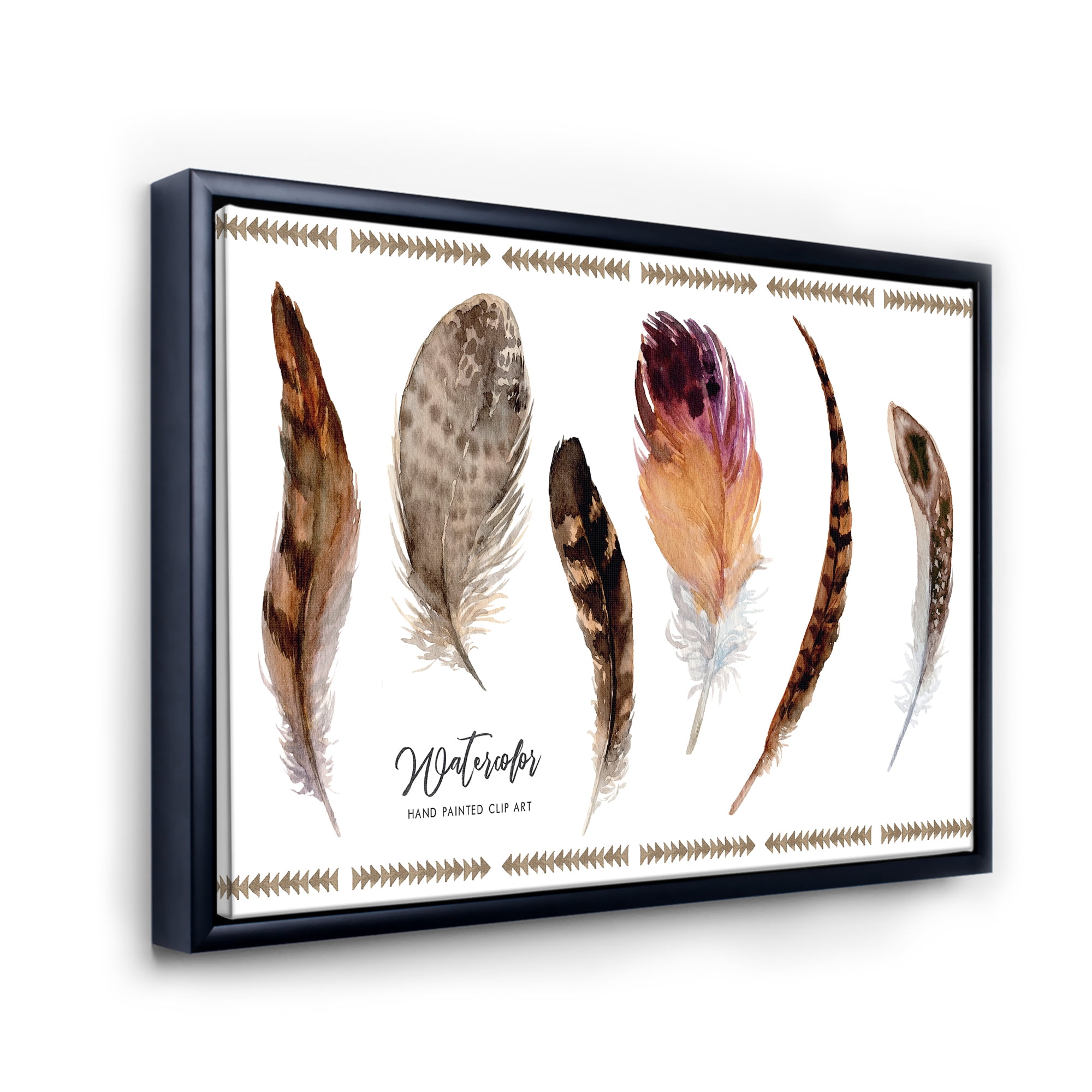 Designart 'Exotic Vibrant Boho Watercolor Feathers' Bohemian & Eclectic Framed Canvas Wall Art Print