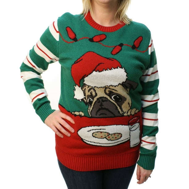 Ugly Christmas Sweater - Ugly Christmas Sweater Plus Size Women&#039;s Pug Cookies Light Up Pullover