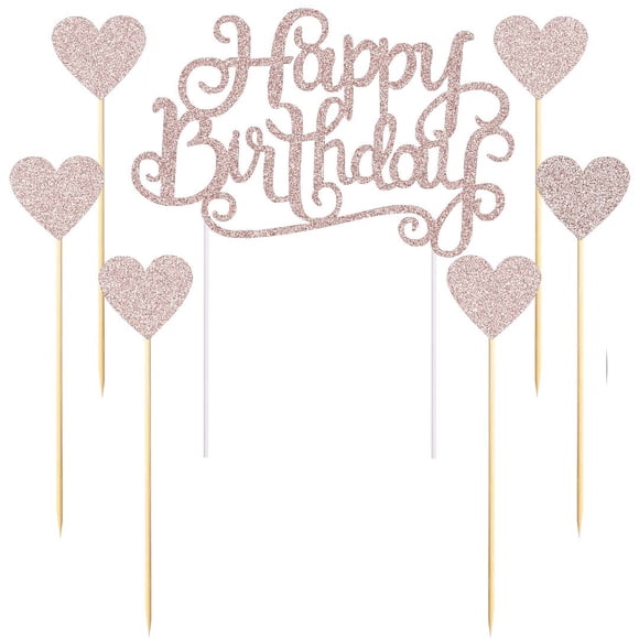 Set de Adornos para Pastel Palasasa con Brillo Dorado Rosa Feliz Cumpleaños