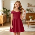 thumbnail image 2 of ASEIDFNSA Girls Sleeveless Off Shoulder Dress with Ruffle Neckline and A Line Skirt (Red,8-9 Years), 2 of 4