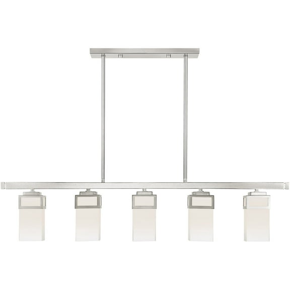 4.5 inch 5 Light Brushed Nickel Linear Chandelier with Hand Blown Satin Opal White Glass Shade