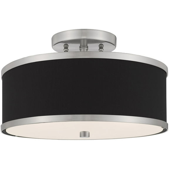 2 Light Brushed Nickel Ceiling Light fixture with Hand Crafted Black Fabric Hardback Shade