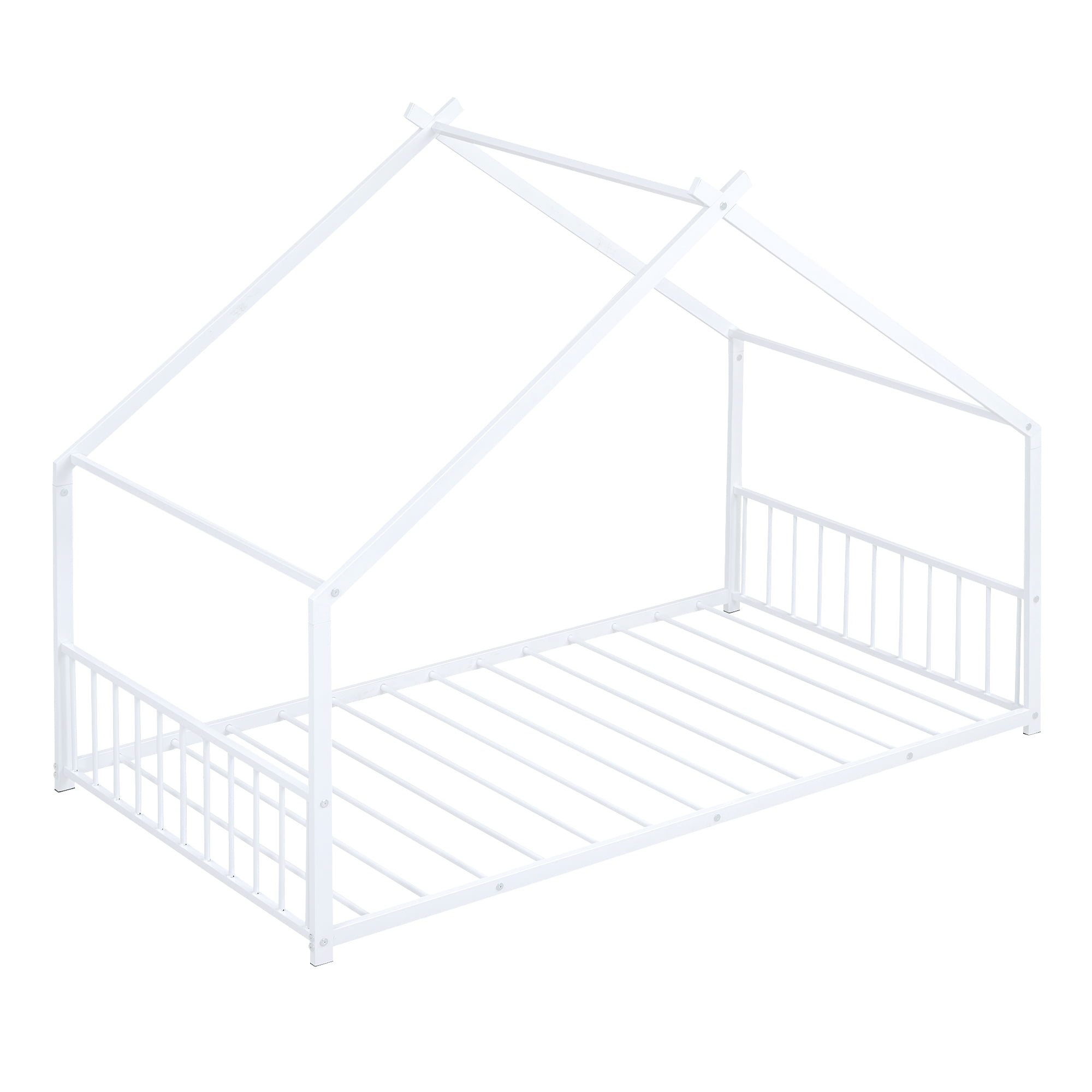 Gewnee Twin Size House Bed with Roof and Fence,Metal Montessori Platform Bed for Toddle and Kids,White