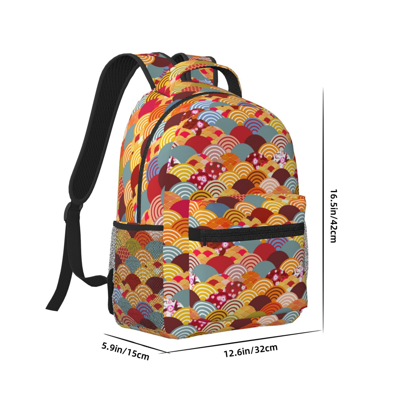 Rateoe Japanese Style Fish Scales Pattern Durable Student Backpack Laptop Bag- Ergonomic Design, Waterproof Twill Fabric - Ideal for School, Travel, and Outdoor Activities