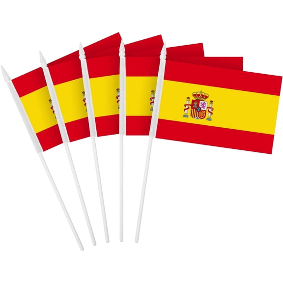 G128 Small Flag on Sticks, 4x6 In, Mini Spain Handheld Printed 150D Polyesters Sports, 250th Anniversary, 12 Pack