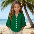 thumbnail image 5 of PiGOGI Girls Ruffle 3/4 Sleeve V-Neck Button Down Top Solid Color Soft Casual Blouse for Kids Green 11Years, 5 of 8