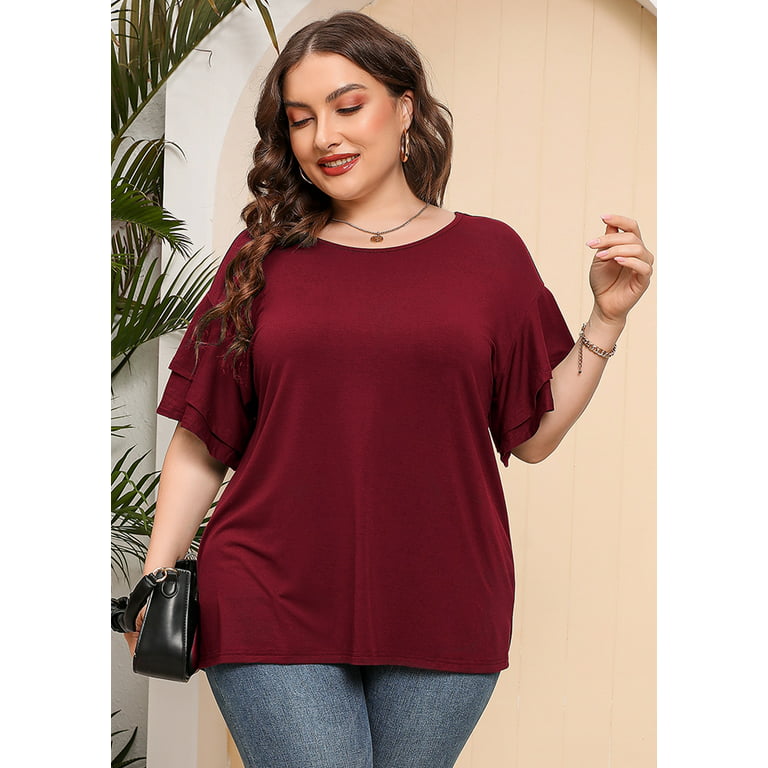 SHOWMALL Plus Size Tops for Women Short Sleeve Burgundy 2X Tunic Shirt  Summer Clothing Loose Fitting Clothes