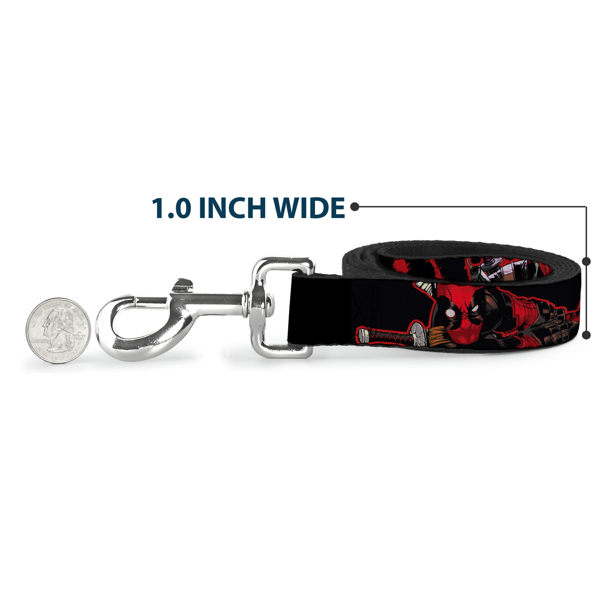 Marvel Comics Pet Leash, Dog Leash, Deadpool Action Poses Splatter Logo Black Red White, 6 Feet Long 1.0 Inch Wide