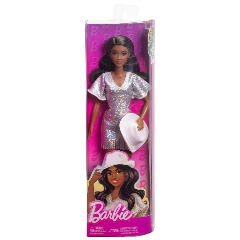 Barbie Fashionistas Doll #239 in Sparkly Silver Dress with Cowboy Hat and  Boots, Black Hair - Walmart.com