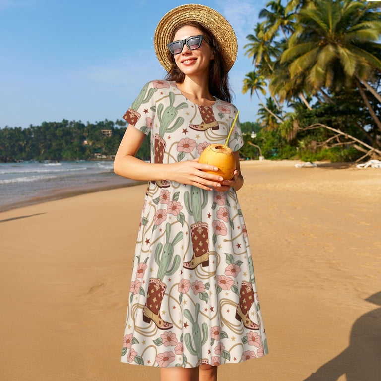 Defioc Floral Cowboy Boots Pattern Womens Summer Dresses Short Sleeve  Sundress 2025 Beach Vacation Dresses with Pockets -Small - Walmart.com