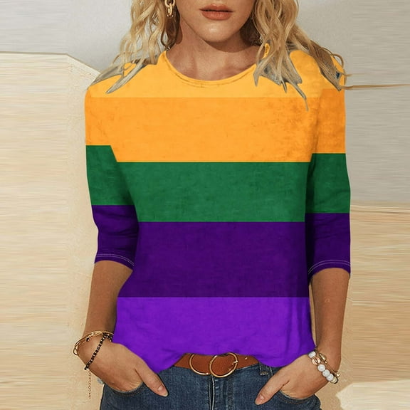 SOOMLON Mardi Gras Outfit for Women Tuesday Shirts Carnival Themed Party 3/4 Sleeve Outfits Funny Striped Graphic Tshirts Tunic Crewneck Tops New Orleans Holiday Blouses 2025 Multicolor XL