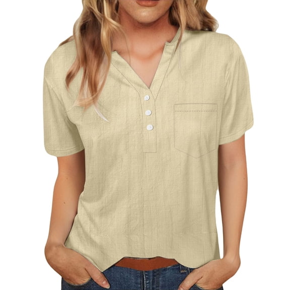 VNKIDY Women Shirts Ladies Casual V Neck Half Button Short Sleeve Top With Front Pocket Loose Fit Solid Color Blouse For Summer Daily Wear Casual Tops