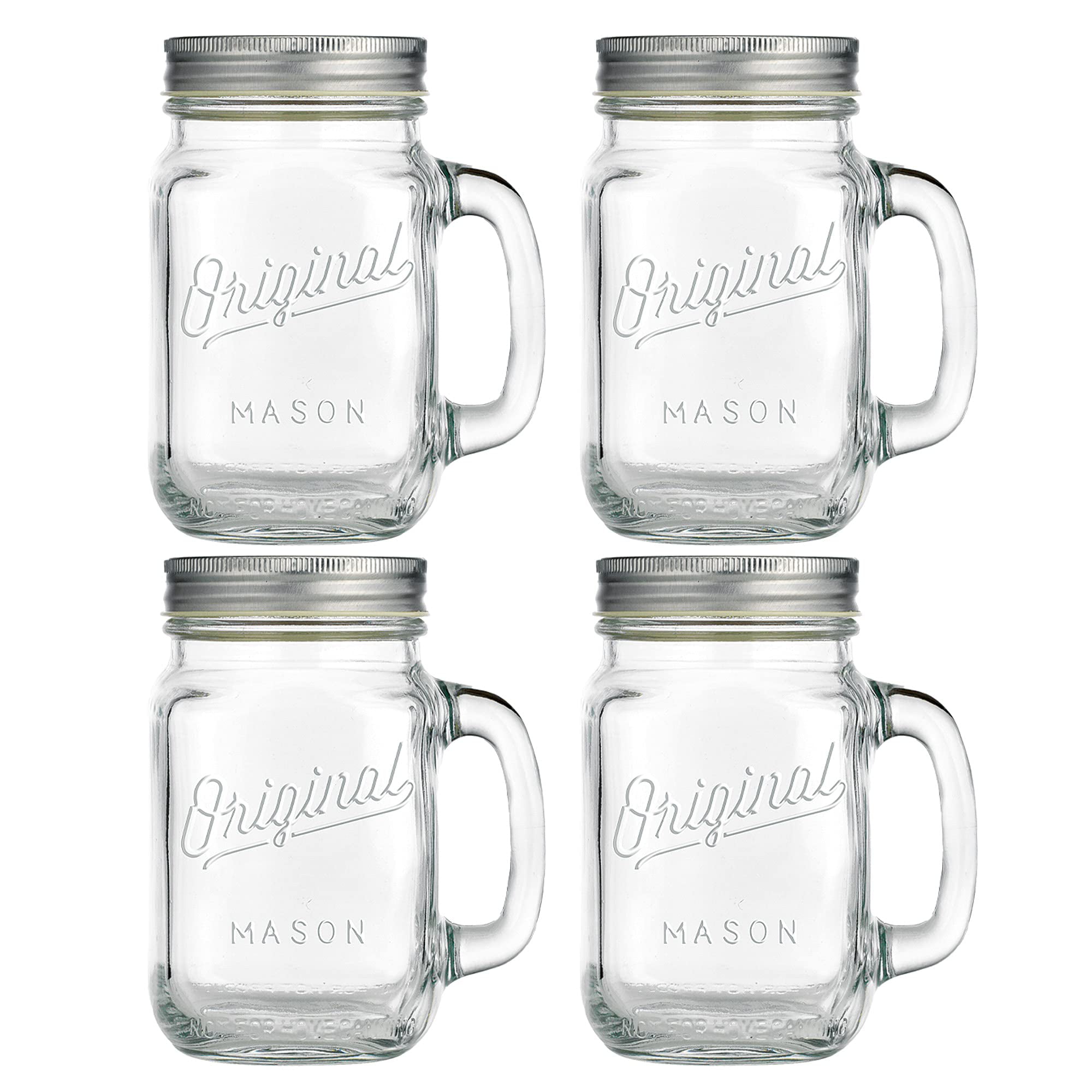 Glaver's Mason Jar 16 oz. Glass Mugs with Handle and Lid Set of 6 Old Fashioned Drinking Glass Bottles Original Mason Jar Pint Sized Cup Set.