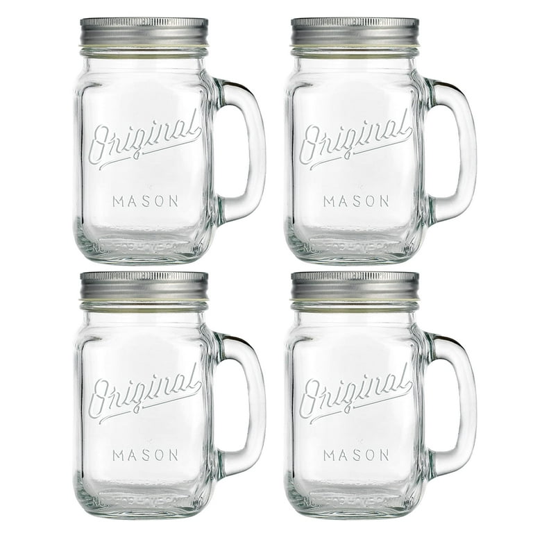 Old Fashioned Drinking Glass Bottles - Mason Jar 16 Oz. Glass Mugs with  Handle and Lid Set of 4 - Glaver's Original Pint Sized Mason Jar Cup Set.