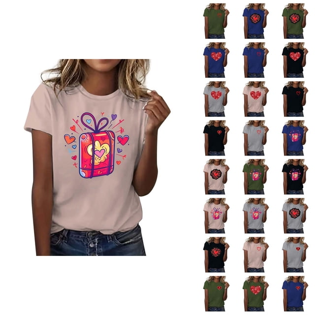 T-shirts de la Saint-Valentin pour Femmes 2026 Mode Manches Courtes Col Rond Cœur Graphique