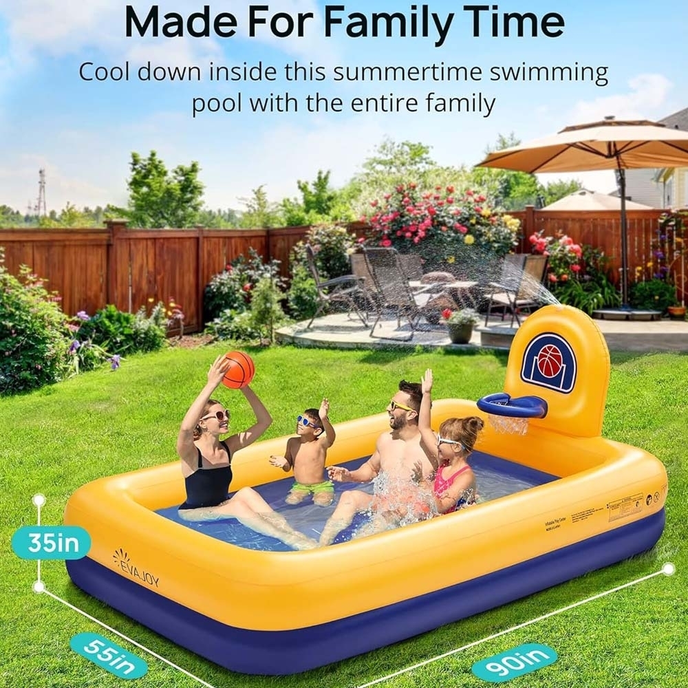 Evajoy Inflatable Kiddie Pool 90x55x35 Inch Basketball Hoop Durable PVC Backyard