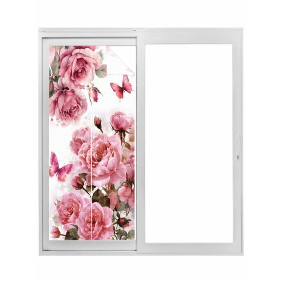Pink Roses Window Privacy Film, Spring Floral Elegant Pastoral Butterfly Static Cling UV Sun Blocking Tint Film Heat Control Windows Films for Bedroom Bathroom, Window Stickers 35.4"x78.7"