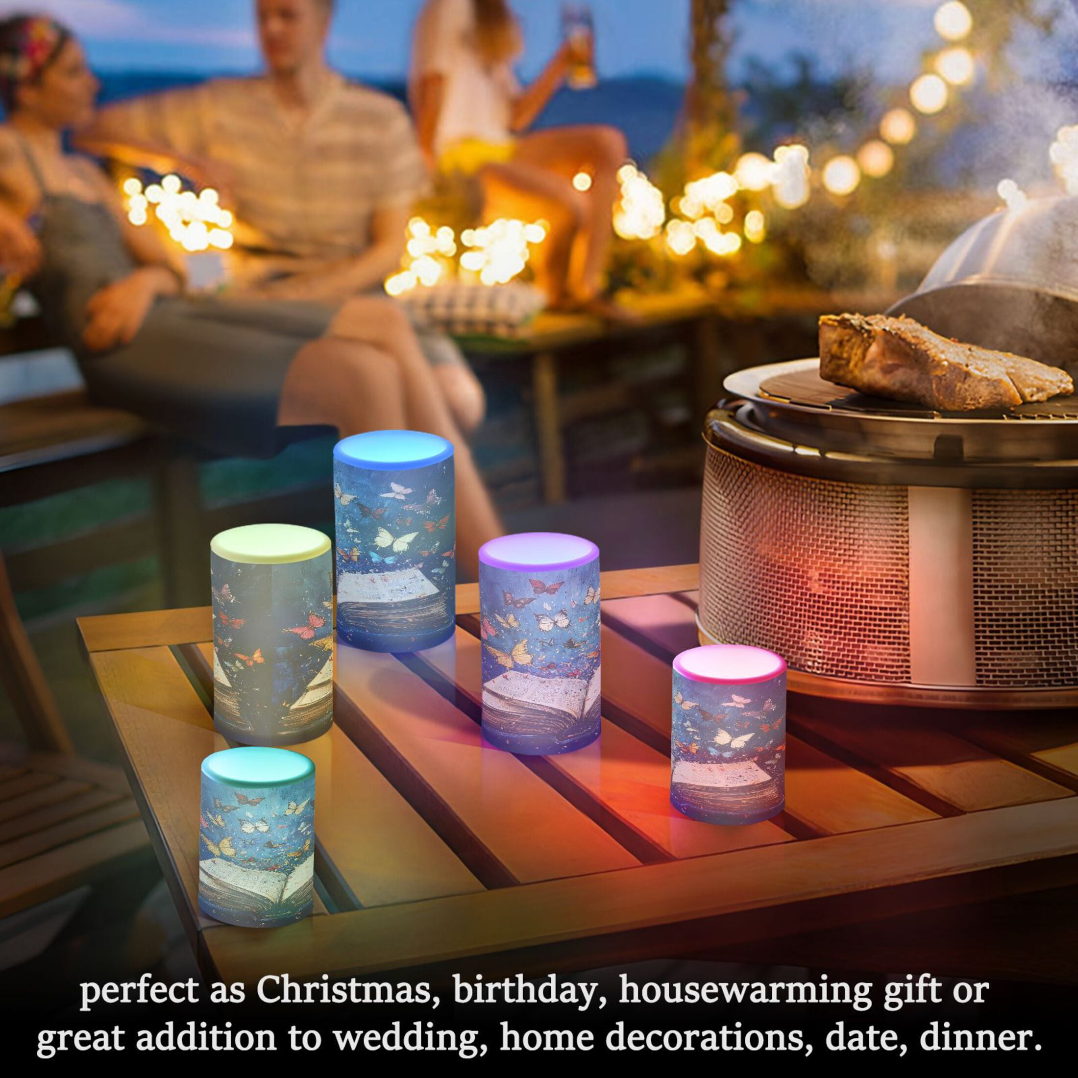 Flickering Flameless LED Candles set of 2 Battery Operated 18-Key Remotes Timer Halloween Fall Decor Colorful Butterflies Fly on Book D3''xH4''5''