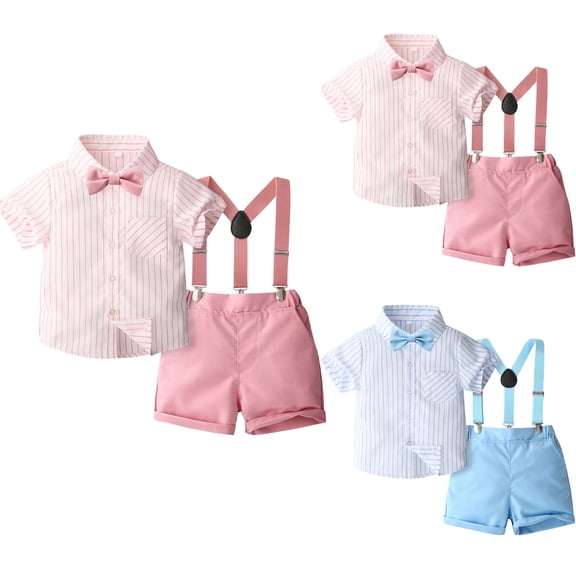 Faraee Baby Boys Gentleman Outfits Clothes Toddler Summer Short Sleeve Bowtie Shirt Suspender Shorts Set for Wedding Formal Pink 12-18 Months