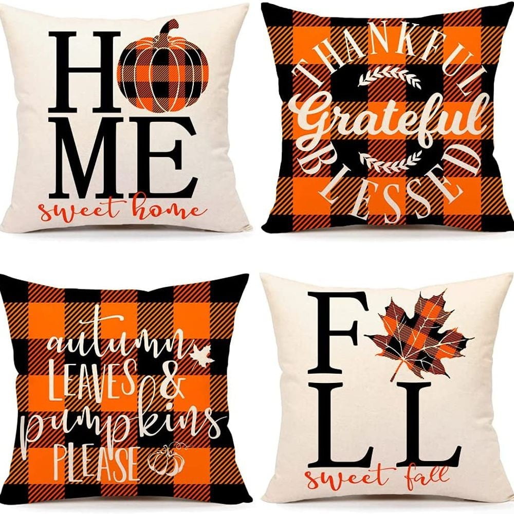 JSSH 18x18' 4pcs Fall Decor Pillow Covers Decorative Throw Cushion Case Thanksgiving Farmhouse Decorations Pumpkin Maple Leaves Outdoor