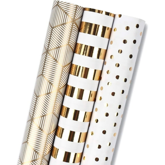 Birthday Wrapping Paper Roll - Mini Roll - 17 inch x 120 inch Per roll - White & Gold Foil Design (42.3 sq.ft.ttl)