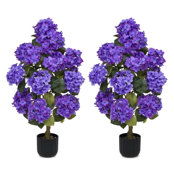 2Sets-3 Foot Artificial Hydrangea Tree with Corrugated Flower Pot, Home and Outdoor Artificial Tree Decoration, (Purple)