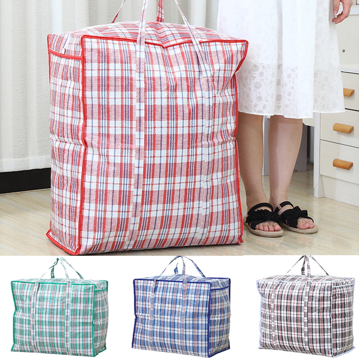 Set of 3 Super Giant Jumbo Laundry Storage Transport Dorm Room Checker Shopping Bags with Zipper & Handles, Size=27H x 31L x 7W Colors Vary