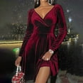 thumbnail image 2 of Womens Wrap V Neck Long Sleeve Velvet Glitter A Line Cocktail Party Swing Fit and Flare Skater Mini Dress, 2 of 8