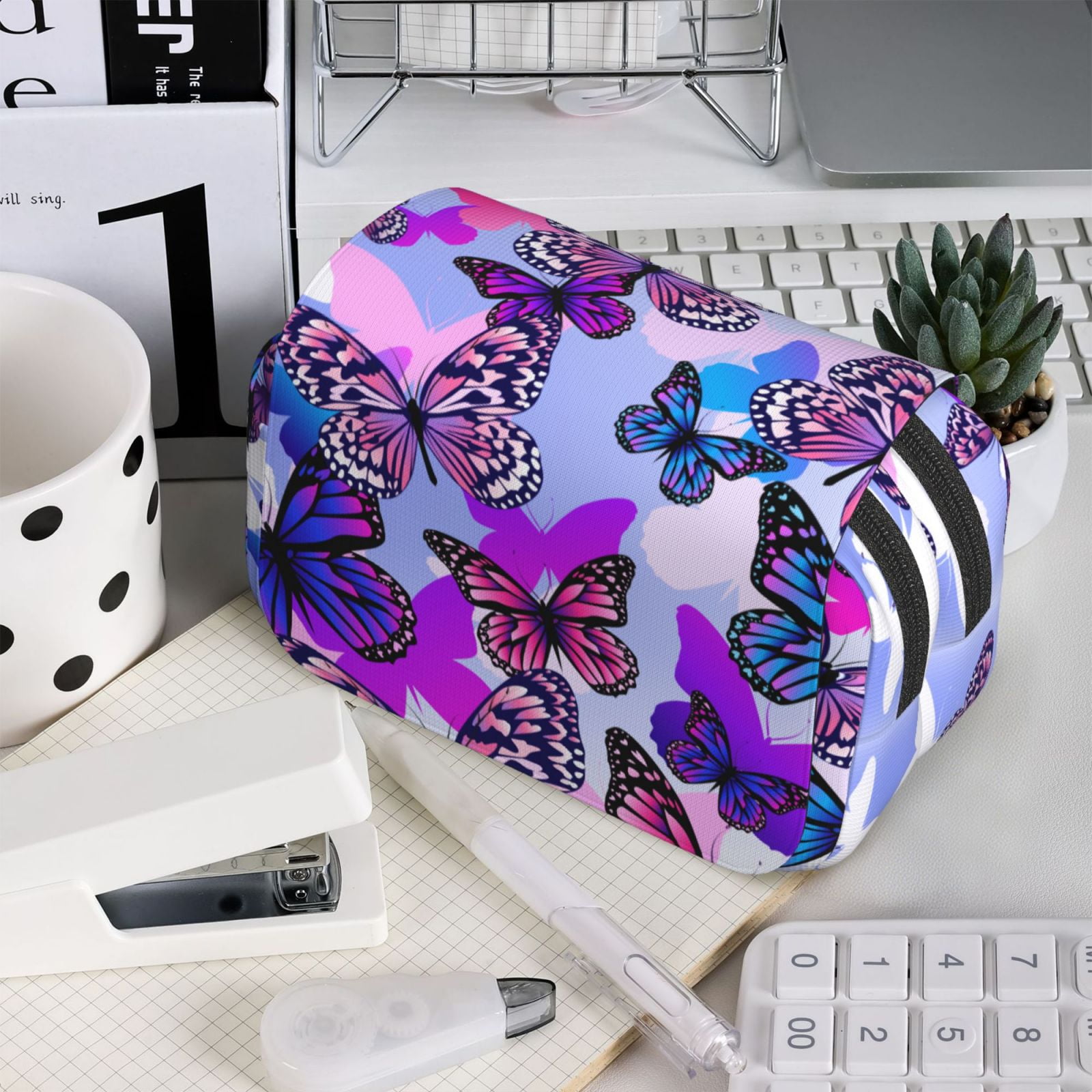Rateoe Flying Butterflies Pattern Double Clamshell Pen Case, Storage Organizer with Two Zipper Compartments– Holds Up to 50 Pencils & Pens