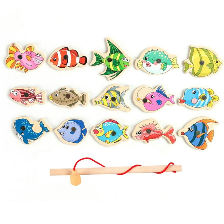 Relax Love Magnetic Fishing Game,15pcs Wooden Fish Rod Parent-child Creative Interactive Toy for Kids Gift