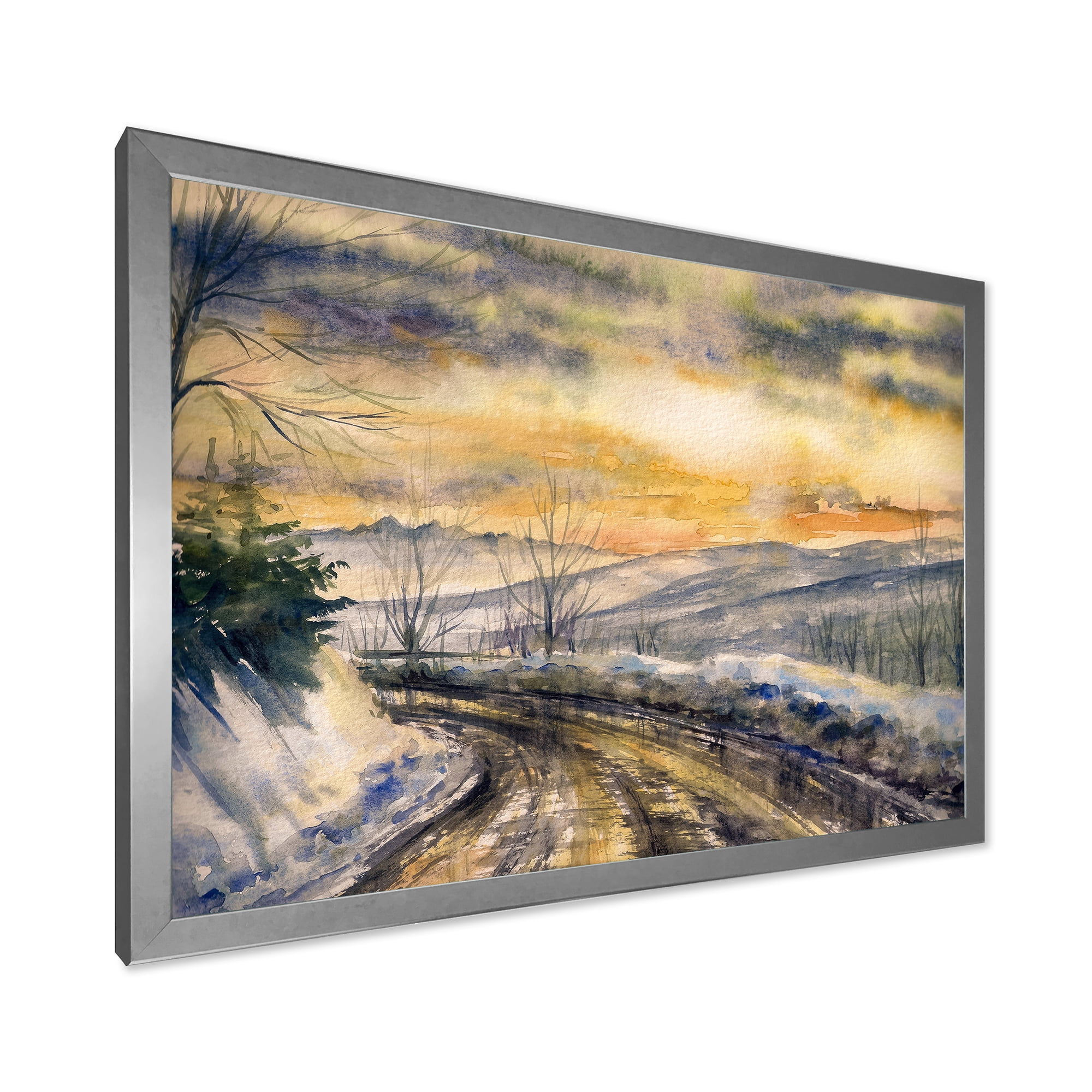 Designart 'Road Under Bright Sunset With Winter Landscape' Traditional Framed Art Print